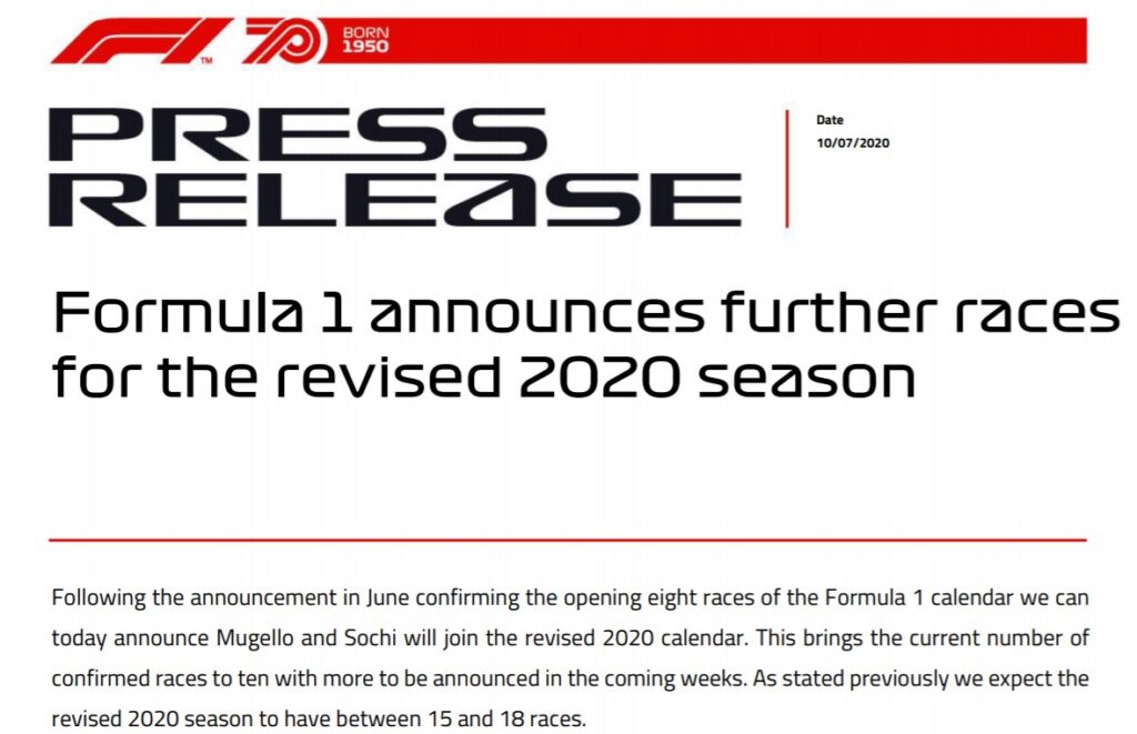 Comunicato GP del Mugello 2020 di Formula 1