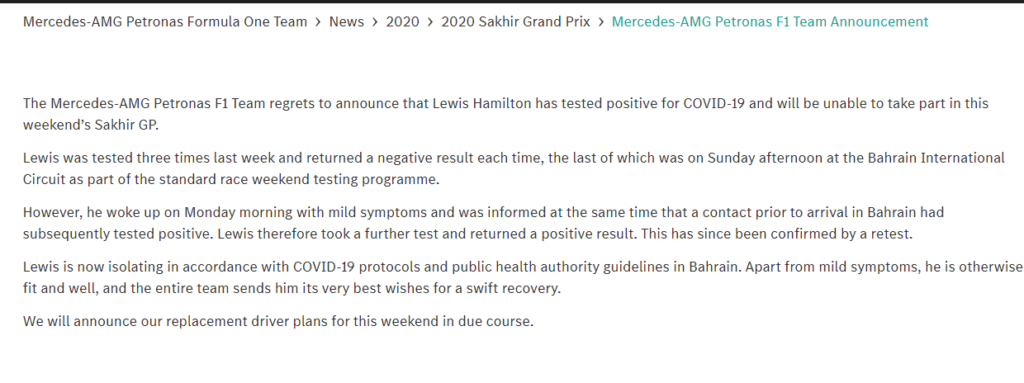 Comunicato Mercedes-AMG Petronas F1 Team