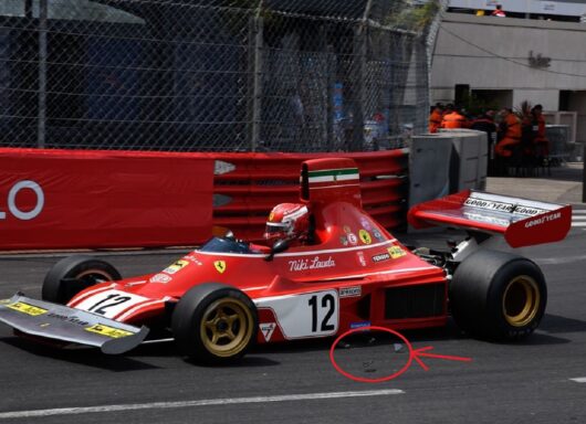 Incidente Leclerc a Monaco sulla 312B3 di Lauda: ecco la foto che mostra la pastiglia del freno rotta persa pochi attimi prima