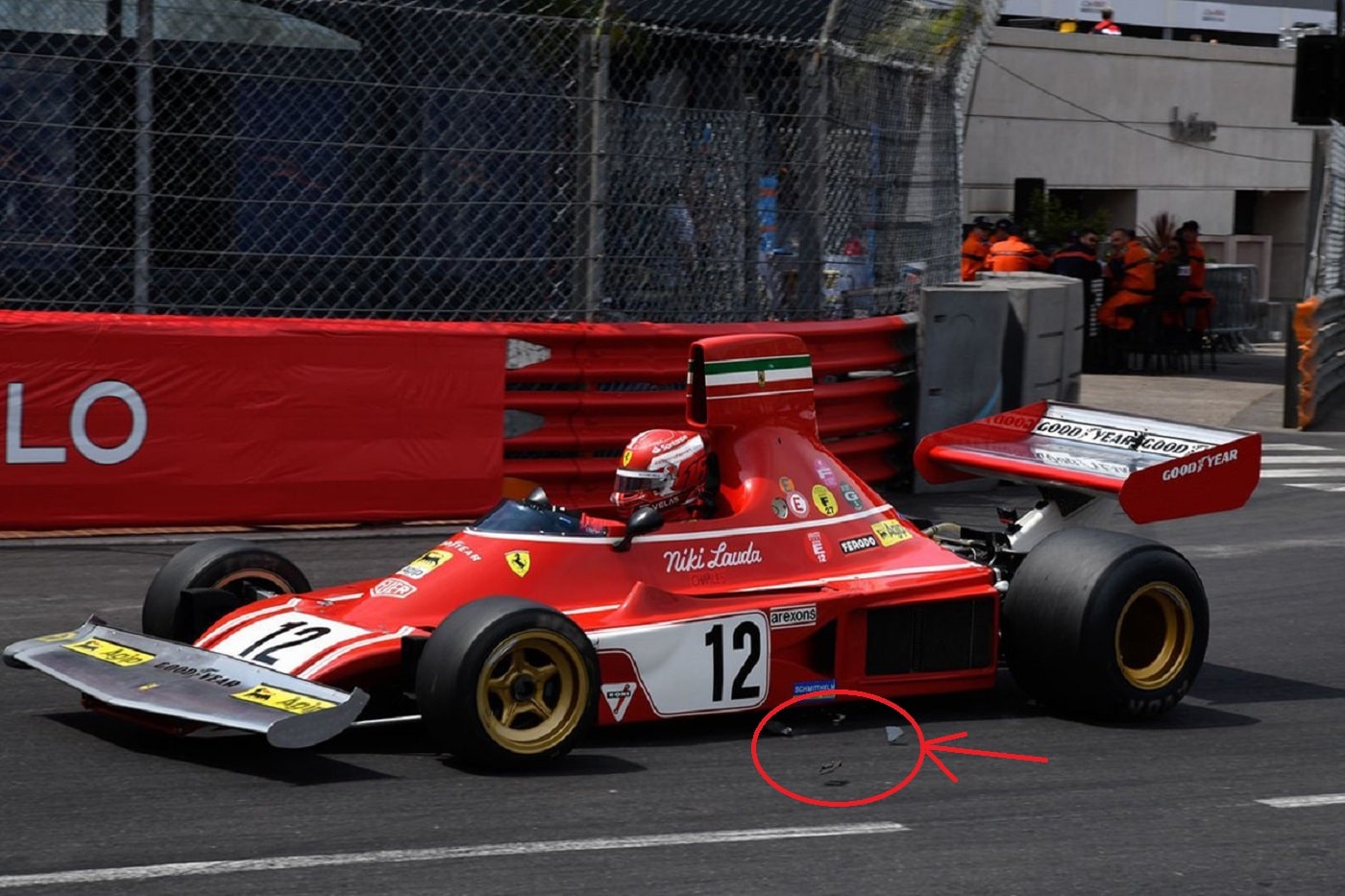 Incidente Leclerc a Monaco sulla 312B3 di Lauda: spunta una foto che mostra il disco rotto perso pochi attimi prima