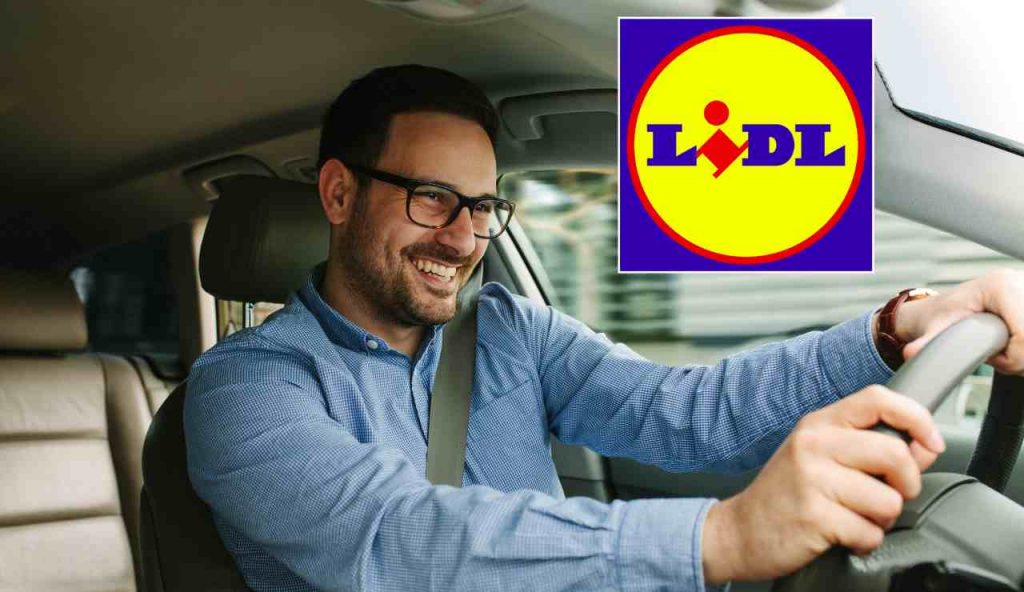 Uomo alla guida contento logo LIDL